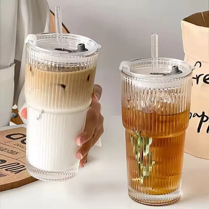 600ml Ribbed Glass Coffee Cup – Transparent Cold Drink Tumbler