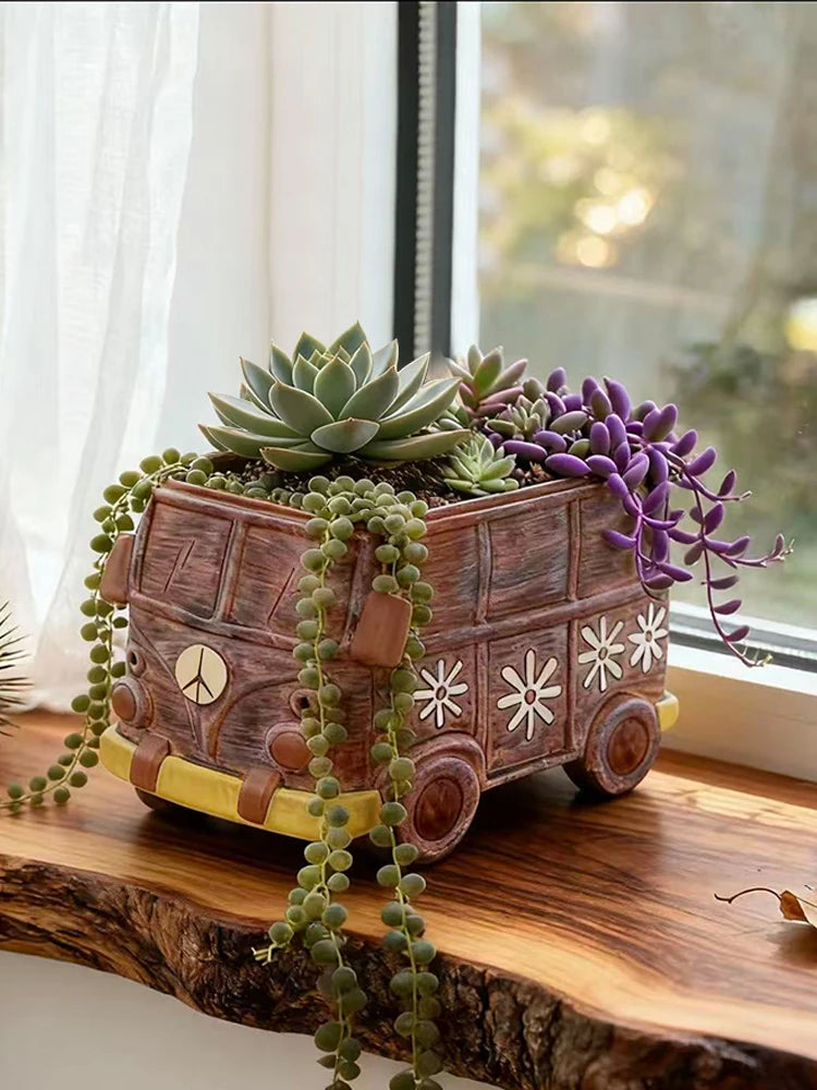 Vintage Bus Planter – Decorative Car Flower Pot for Succulents & Small Plants