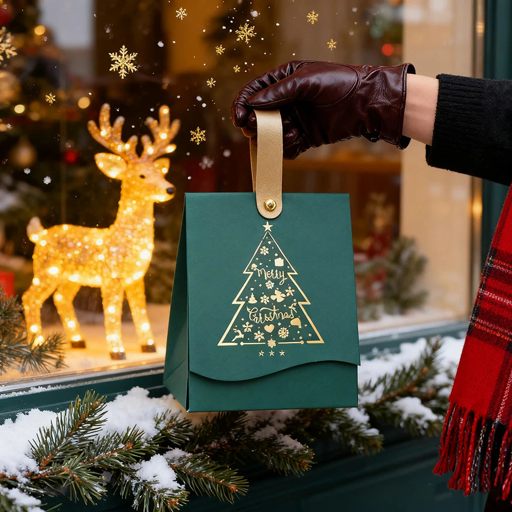12-Pack Christmas Gift Boxes with Gold Handles – Festive Christmas Tree Gift Packaging