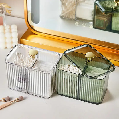 Clear Acrylic Makeup Organiser with Lid – Ribbed Cotton Swab & Cosmetic Storage Box