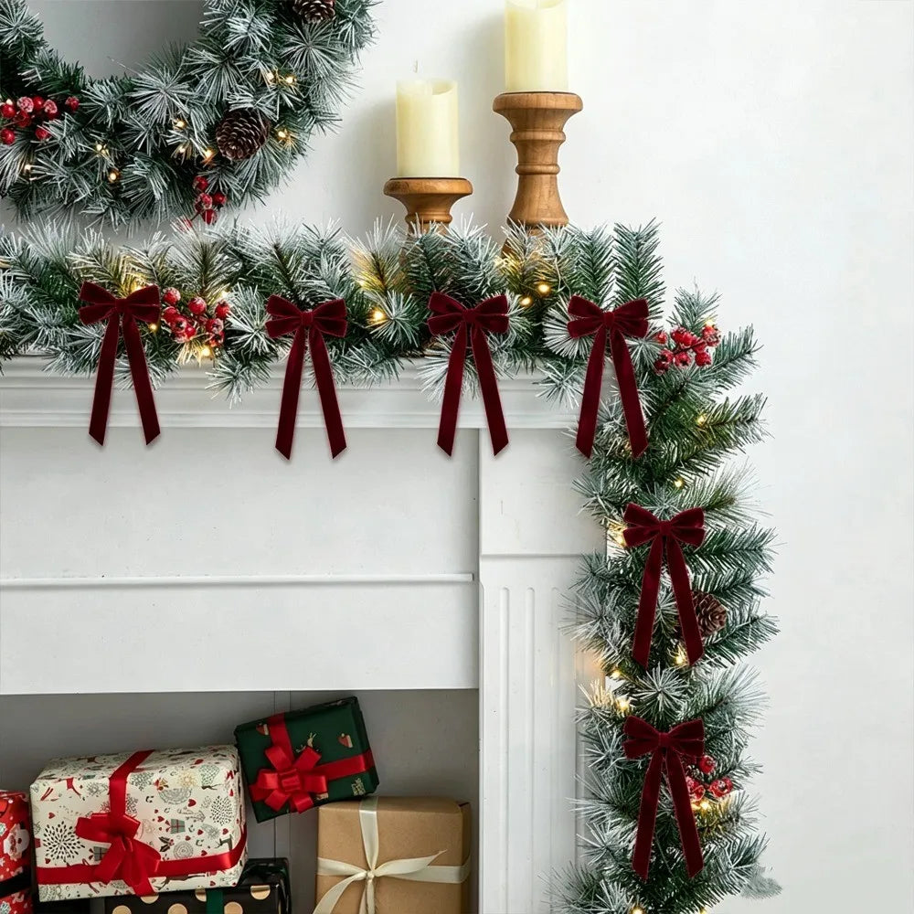 5/10 Pack Burgundy Velvet Christmas Bows – 23cm Christmas Tree Hanging Ornaments & Festive Decorations