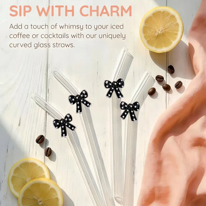Black Polka Dot Bow Glass Drinking Straws – Reusable Curved Straws (3 or 6 Pack)