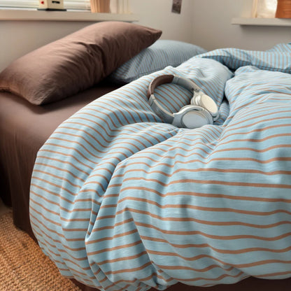 Blue & Brown Striped Duvet Cover Set – 3-Piece Soft Bedding Set with Pillowcases
