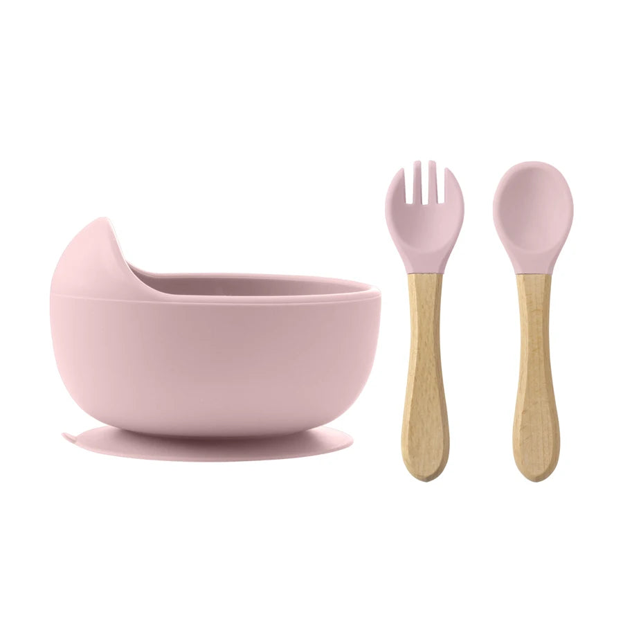 3-Piece Silicone Baby Suction Bowl Set – Bowl, Wooden Spoon & Fork
