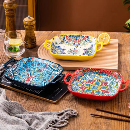 9-Inch Bohemian Ceramic Pasta & Salad Dish – Double Handle Oven & Microwave Safe Plate