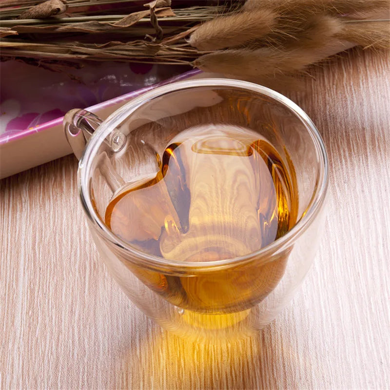Double-Wall Heart Glass Mug – Insulated Love-Shaped Coffee & Tea Cup