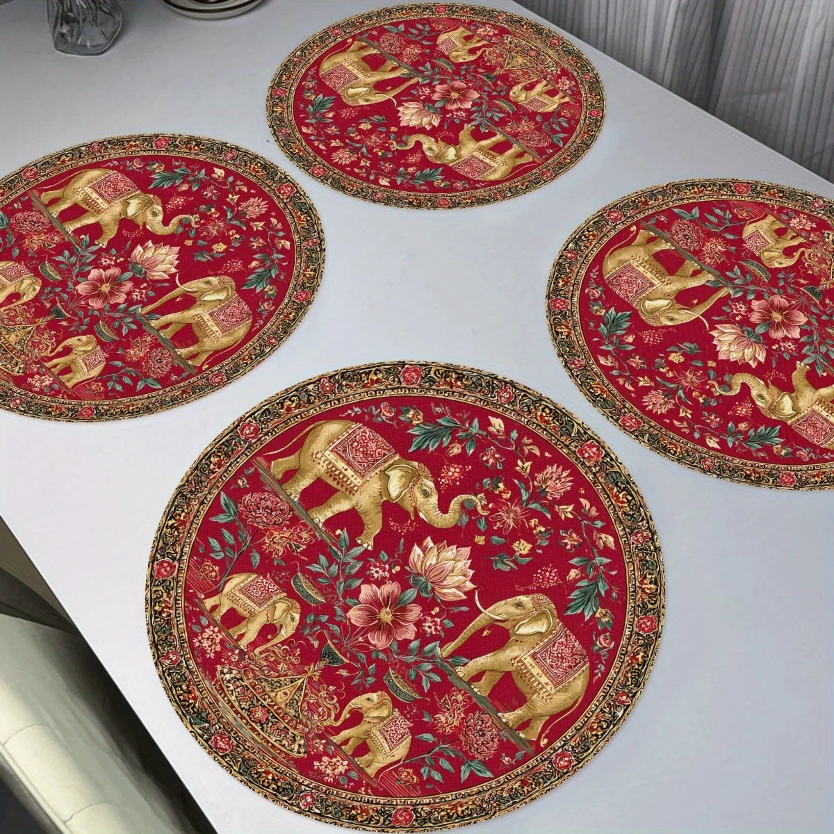 4-Piece Golden Elephant Placemats – Indian-Inspired Dining Table Mats