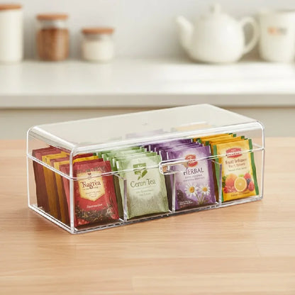 Clear 4-Compartment Storage Box with Lid – Tea Bag, Makeup & Desk Organiser
