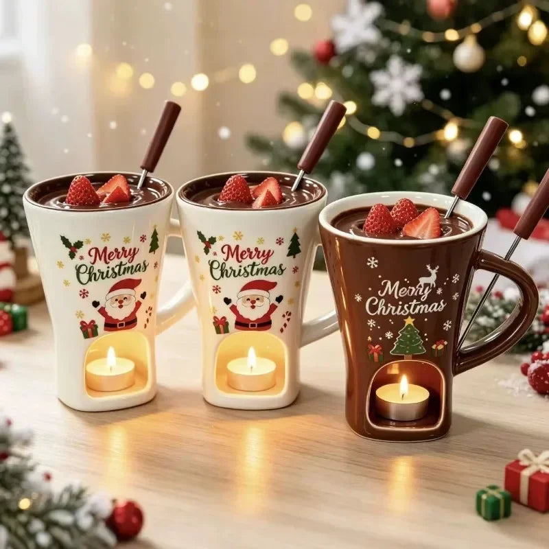 150ml Christmas Ceramic Chocolate Fondue Mug Set with Fork – Mini Melting Pot for Chocolate & Cheese