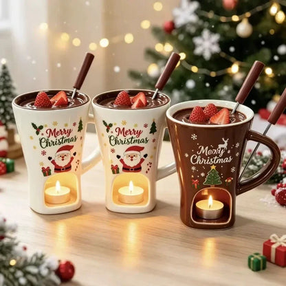 150ml Christmas Ceramic Chocolate Fondue Mug Set with Fork – Mini Melting Pot for Chocolate & Cheese