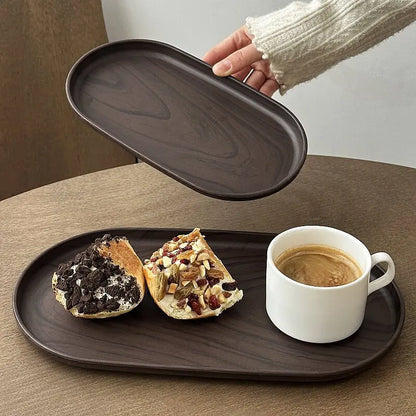 Walnut Wood Grain Oval Serving Tray – Coffee, Snacks & Dessert Platter