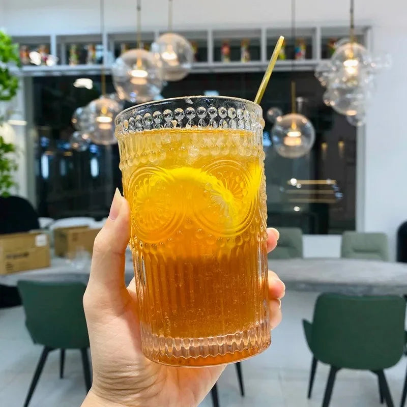 Nordic Sunflower Glass Cup – Retro Embossed Drinking Glass