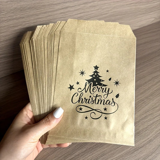 25-Pack Christmas Kraft Paper Gift Bags – Merry Christmas Tree Treat & Favour Bags
