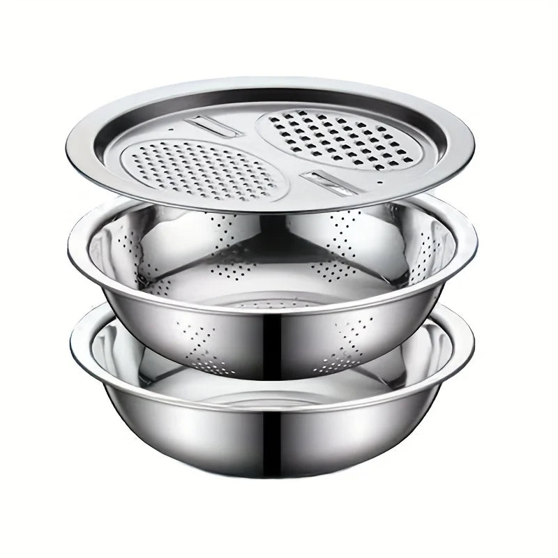 3-Piece Stainless Steel Mixing Bowl, Colander & Vegetable Slicer Set