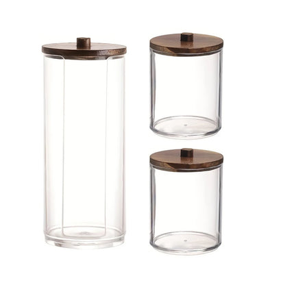 Clear Bathroom Storage Organiser with Wooden Lid – Cotton Swab, Cotton Ball & Makeup Pad Holders (1 or 3 Pack)
