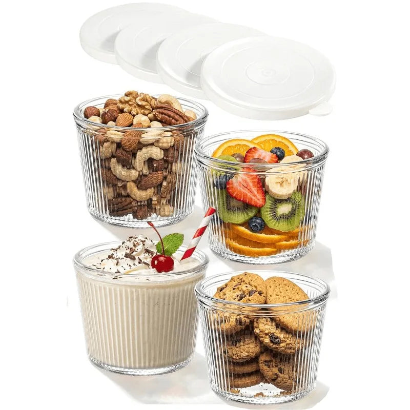 Clear Ribbed Glass Dessert Bowls with Lids – Stackable Snack & Sauce Containers (4 or 6 Pack)