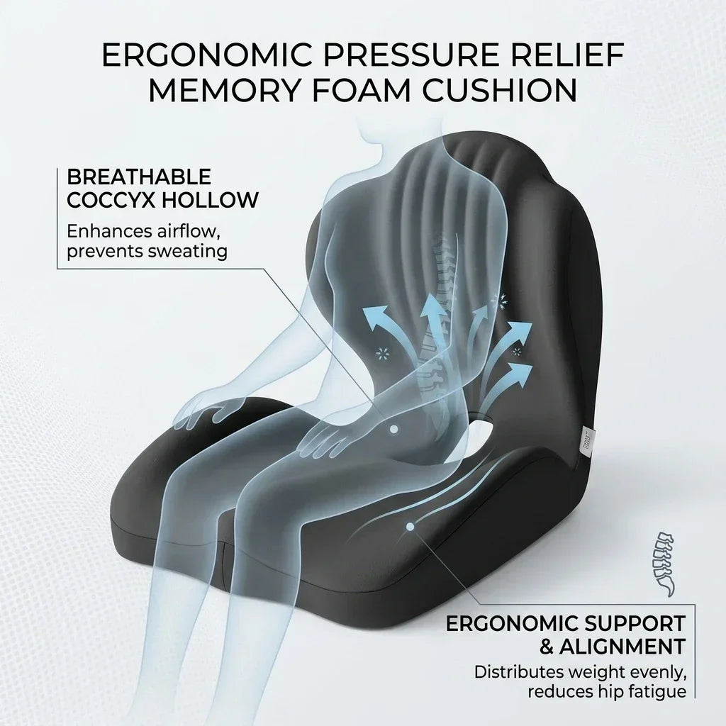 Ergonomic Memory Foam Seat Cushion with Lumbar Back Support – Coccyx Comfort Chair Pad