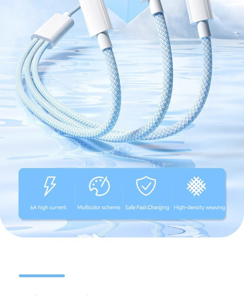 3-in-1 Fast Charging Cable – USB-A to USB-C, Lightning & Micro USB (Up to 100W)
