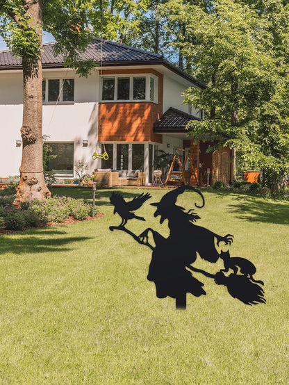 Witch on Broomstick Metal Garden Stake – Halloween Outdoor Decoration