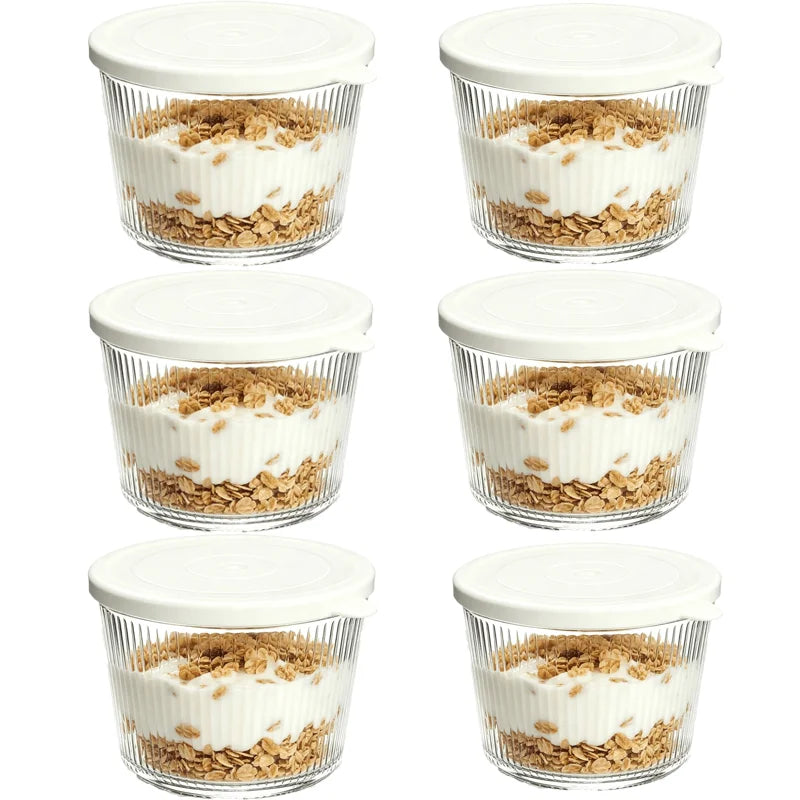 Clear Ribbed Glass Dessert Bowls with Lids – Stackable Snack & Sauce Containers (4 or 6 Pack)