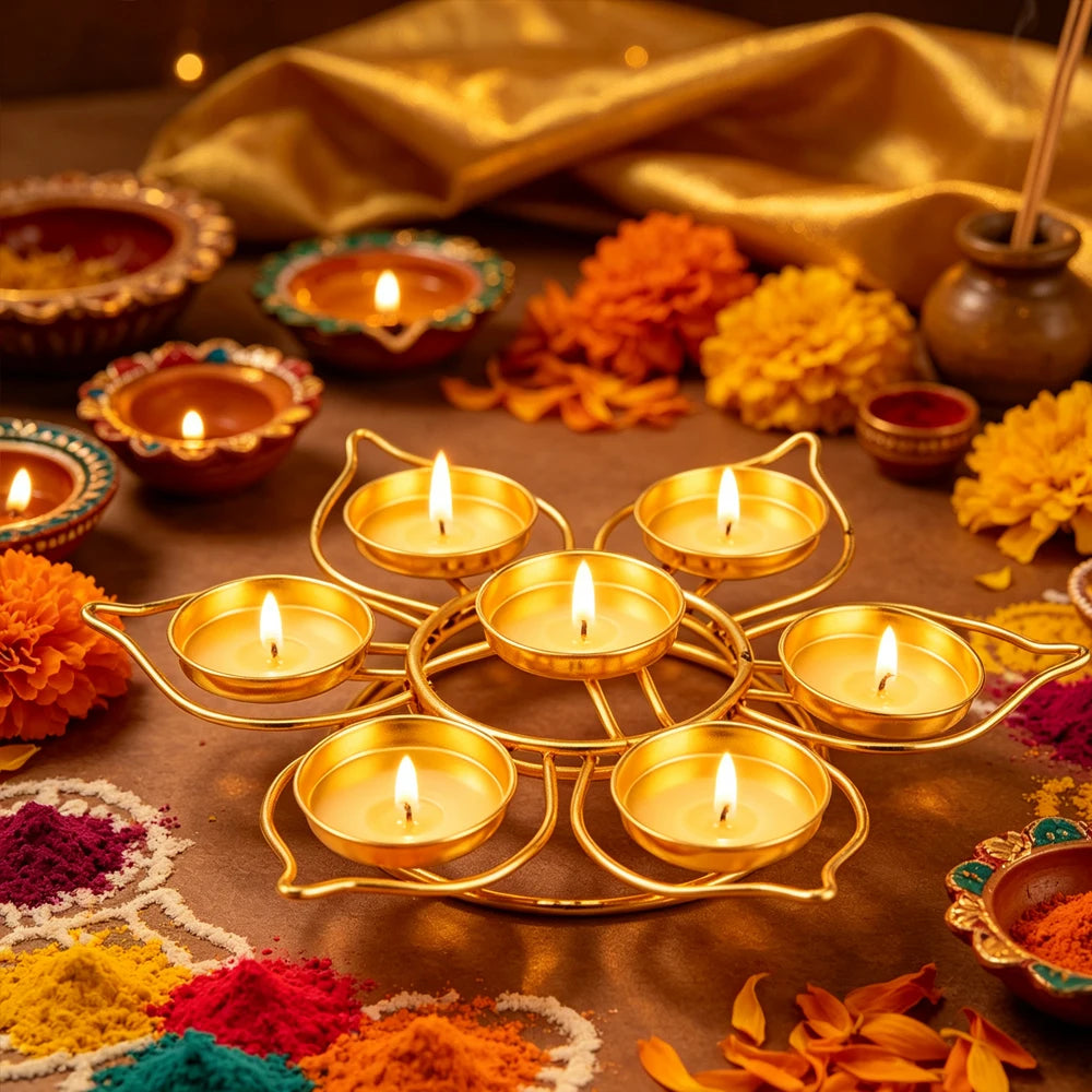 Gold Flower-Shaped 7-Cup Tealight Candle Holder – Metal Diya Stand for Diwali, Navratri & Pooja