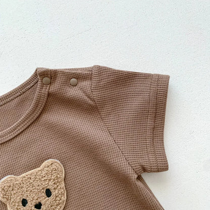 Baby Waffle Cotton Romper & Bear Ear Hat Set – Short Sleeve Outfit (0–24 Months)