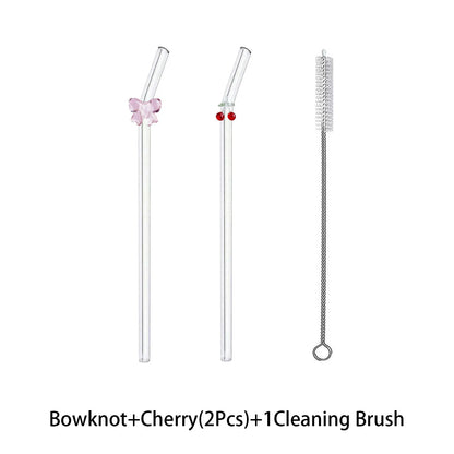 Cute Glass Drinking Straw – Reusable Cherry & Bow Design