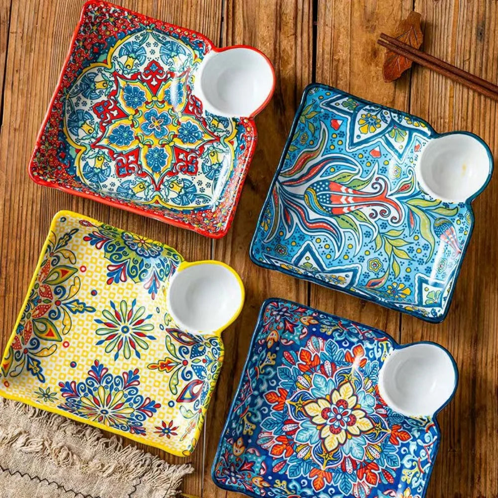 Bohemian Dumpling Plate with Dipping Sauce Compartment