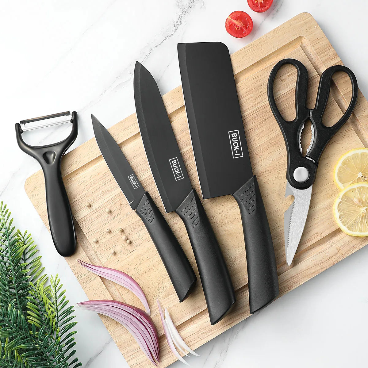 Stainless Steel Kitchen Knife Set (3/5pcs) – Sharp Black Blade Cooking Knives