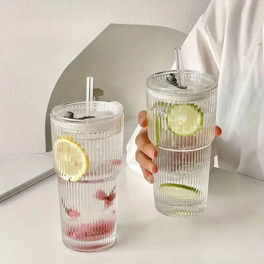 Ribbed Glass Tumbler with Straw & Lid
