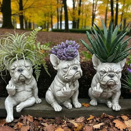 3-Piece Grumpy French Bulldog Planter Set – Quirky Resin Succulent Pots