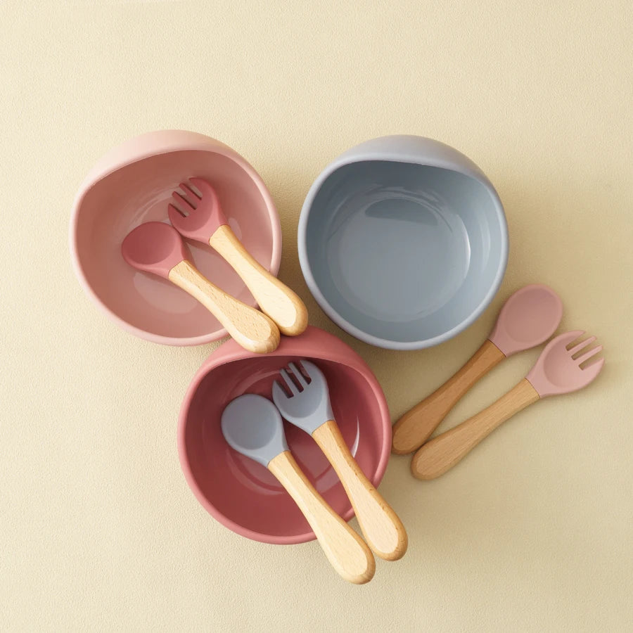 3-Piece Silicone Baby Suction Bowl Set – Bowl, Wooden Spoon & Fork