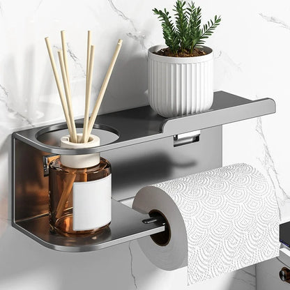 Self-Adhesive Toilet Paper Holder with Phone Shelf – Stainless Steel Wall Mount