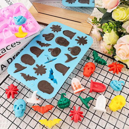 Halloween Silicone Baking Mould – Pumpkin, Ghost, Bat & Witch Hat Shapes