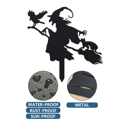 Witch on Broomstick Metal Garden Stake – Halloween Outdoor Decoration