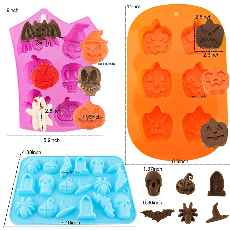 Halloween Silicone Baking Mould – Pumpkin, Ghost, Bat & Witch Hat Shapes