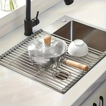 Roll-Up Stainless Steel Over-Sink Drying Rack – Foldable Dish Drainer & Food Prep Rack