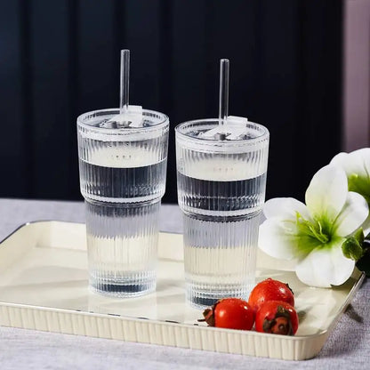 600ml Ribbed Glass Coffee Cup – Transparent Cold Drink Tumbler