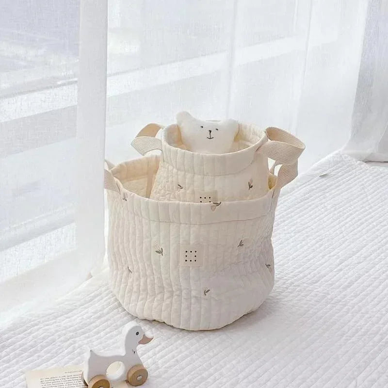 Embroidered Cotton Baby Storage Basket – Foldable Nursery & Nappy Organiser