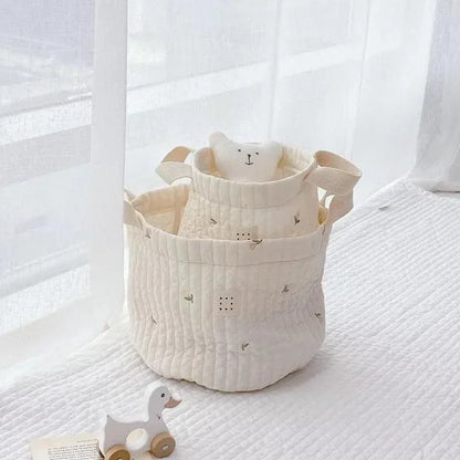 Embroidered Cotton Baby Storage Basket – Foldable Nursery & Nappy Organiser