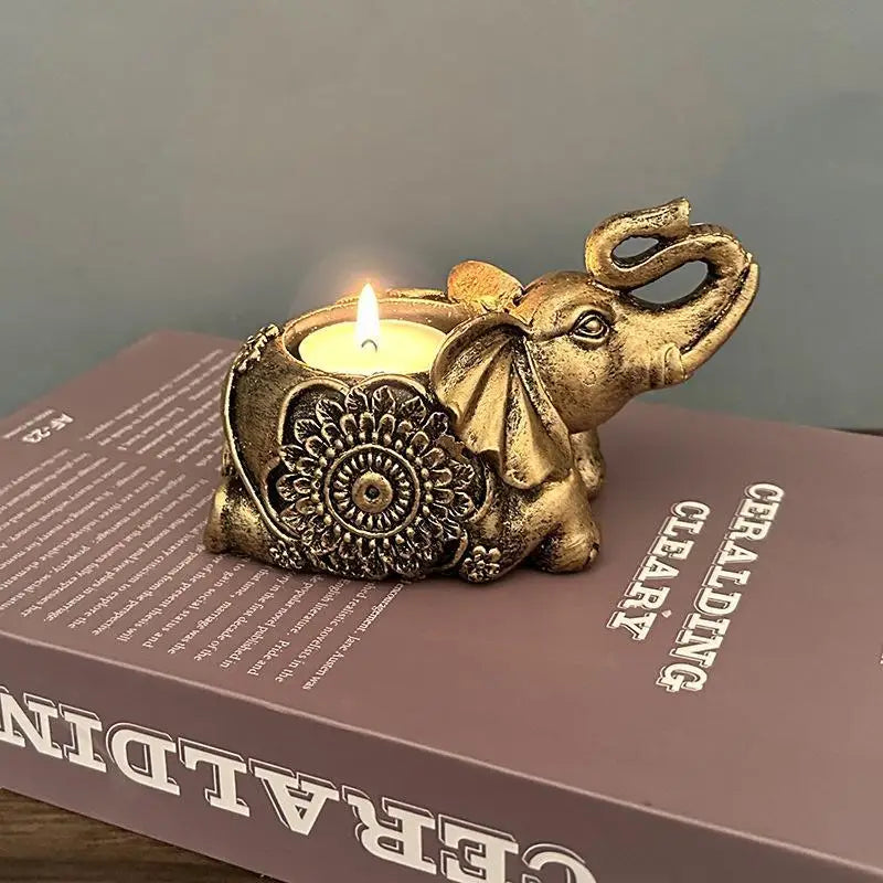 Decorative Elephant Tealight Candle Holder – Gold Resin Lucky Elephant Ornament
