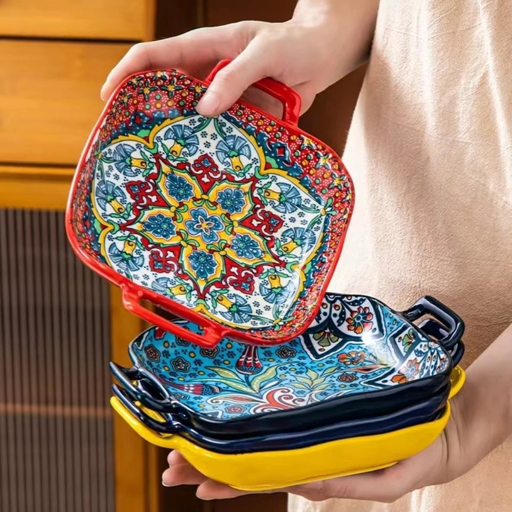 9-Inch Bohemian Ceramic Pasta & Salad Dish – Double Handle Oven & Microwave Safe Plate