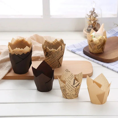 50-Pack Newspaper Print Tulip Cupcake Liners – Greaseproof Baking Cups