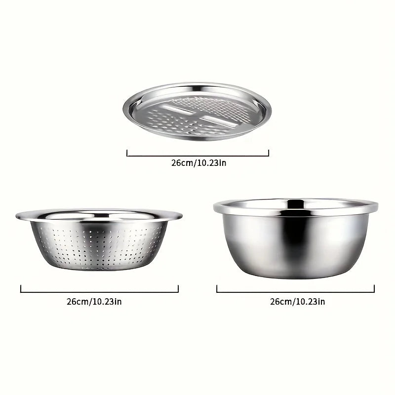 3-Piece Stainless Steel Mixing Bowl, Colander & Vegetable Slicer Set