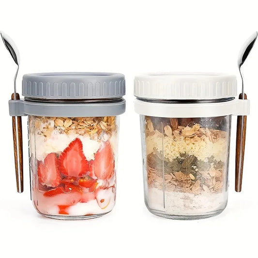 Overnight Oats Glass Cup with Lid & Spoon – 350ml Breakfast Jar