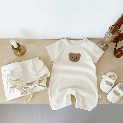 Baby Waffle Cotton Romper & Bear Ear Hat Set – Short Sleeve Outfit (0–24 Months)