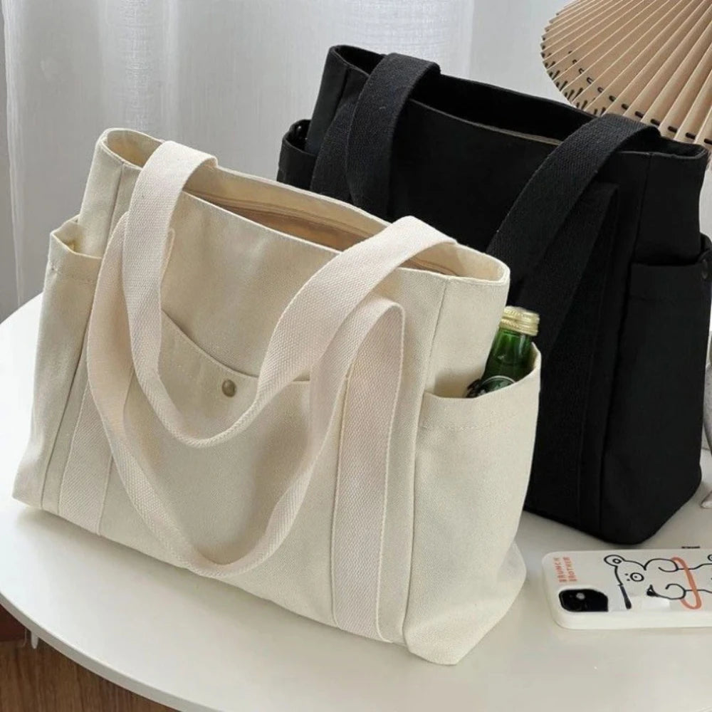 Large Capacity Canvas Tote Bag – Zip-Up Shoulder Bag for Work, Study & Shopping
