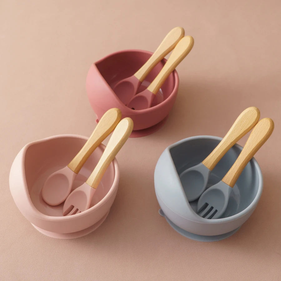 3-Piece Silicone Baby Suction Bowl Set – Bowl, Wooden Spoon & Fork