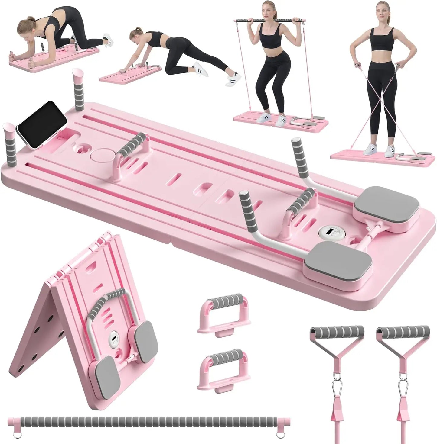 Multi-Functional Pilates Board – Foldable Home Fitness Board with Resistance Bands, Push-Up Bars & Timer