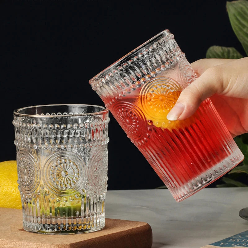 Nordic Sunflower Glass Cup – Retro Embossed Drinking Glass